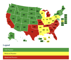 NP scope of practice by U.S. state, ranging from full practice to reduced practice to restricted practice